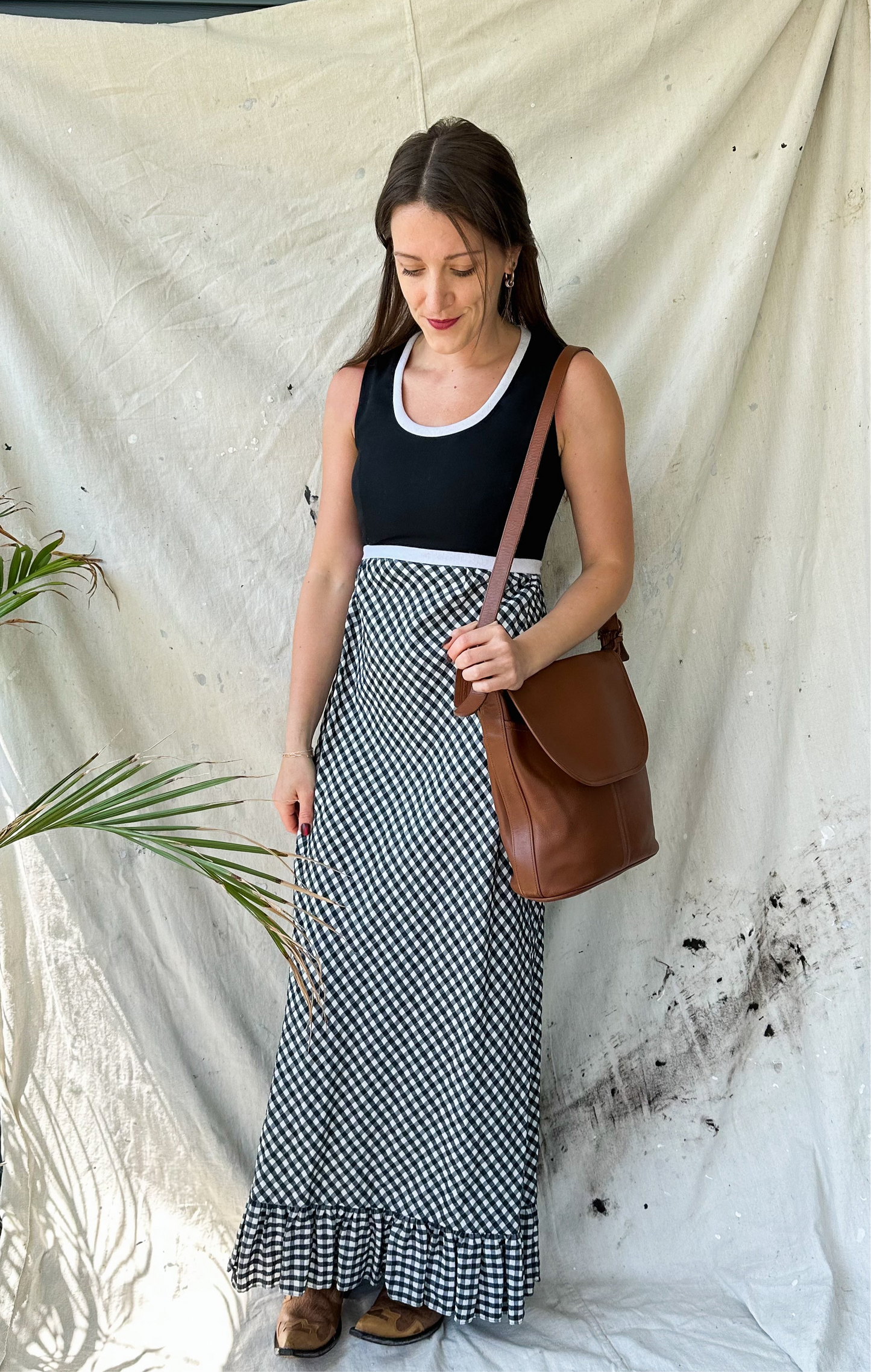 Vintage 70s Black & Dark Blue Gingham Maxi Dress (S)