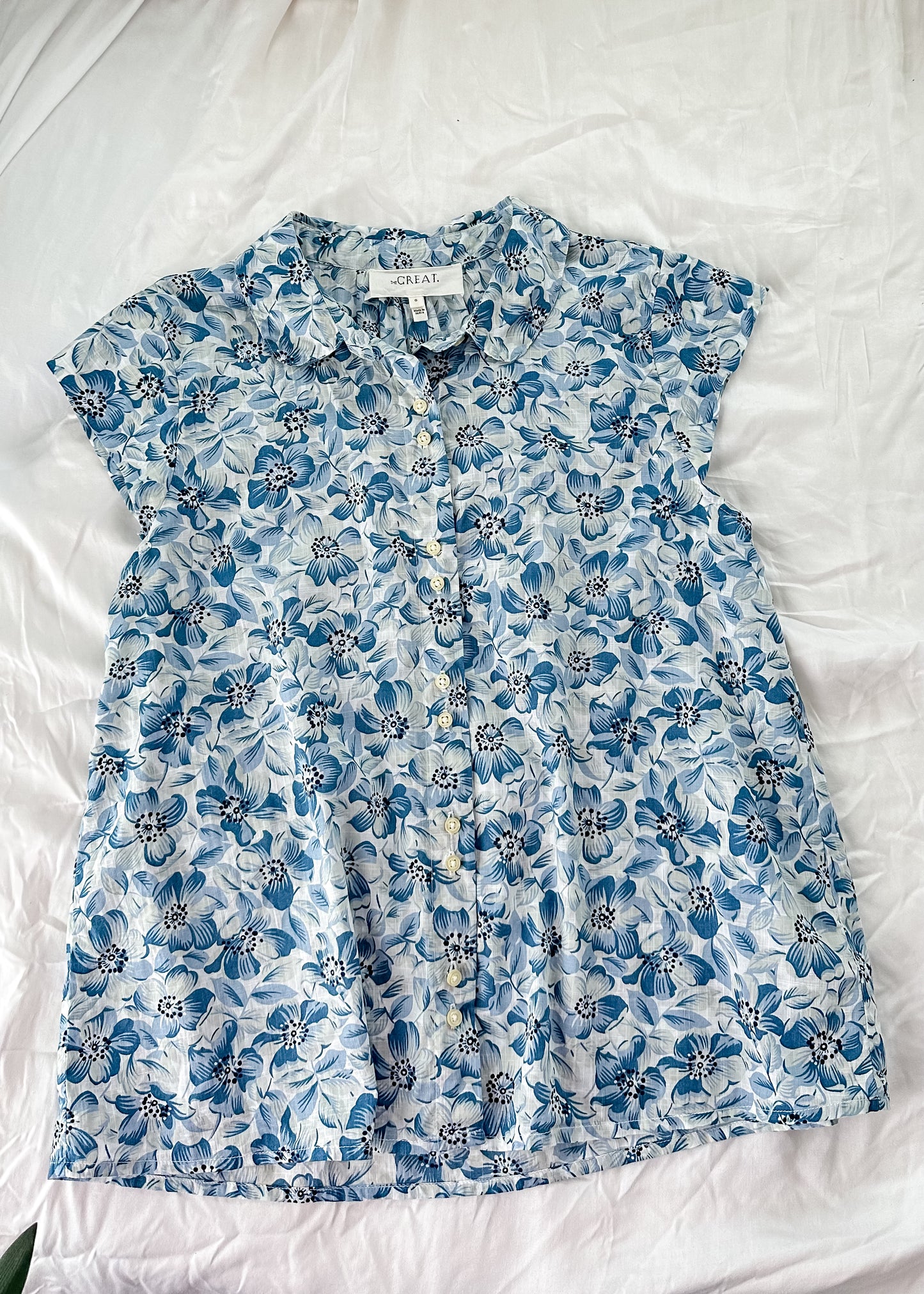 THE GREAT. The Wren Blue Floral Button Down Top