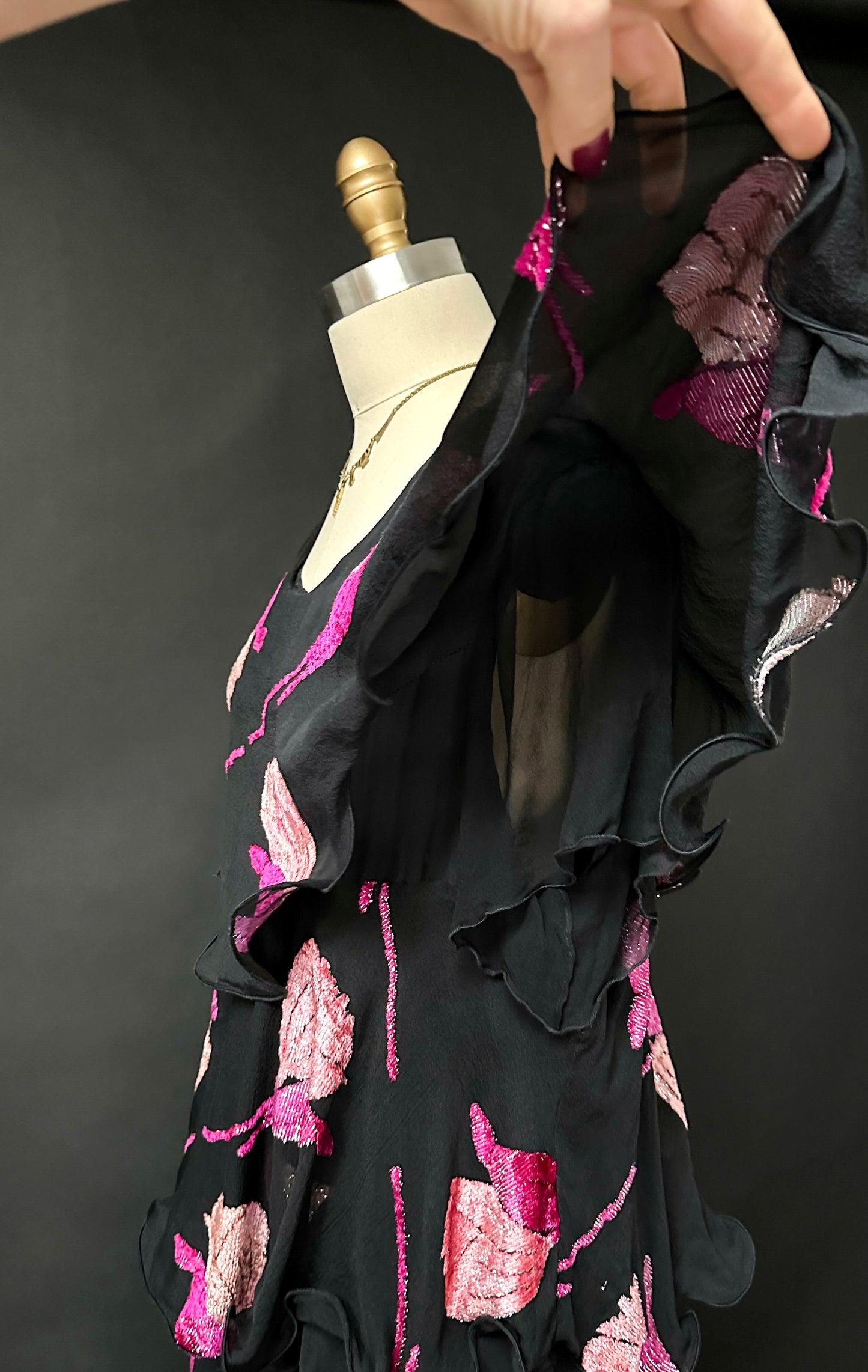 Vintage Russell Trusso Black Silk Embellished Tiered Dress (L/XL)
