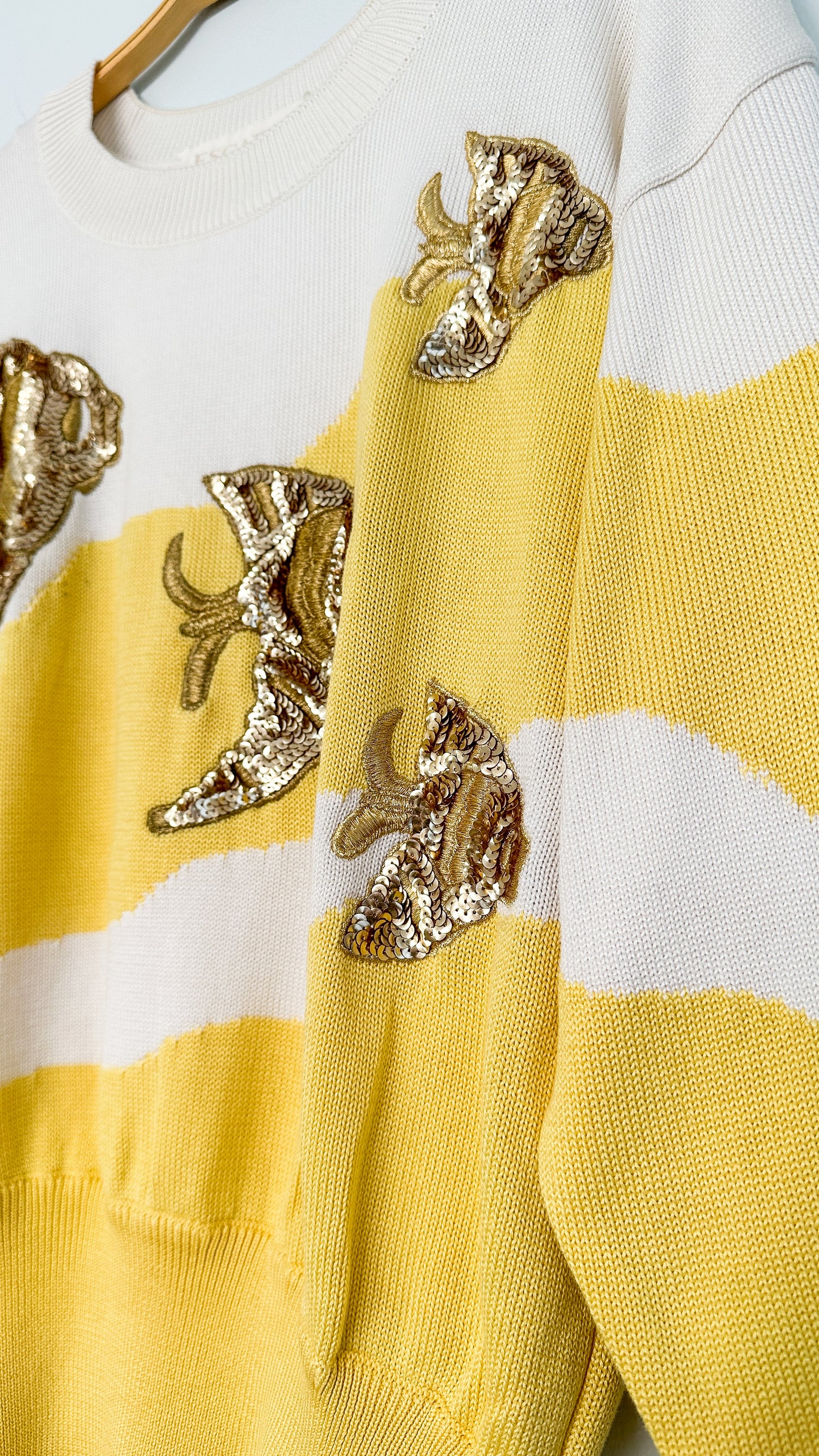 Vintage 80s Escada Yellow and White Gold Fish Sequin Novelty Knit Top (S/M)