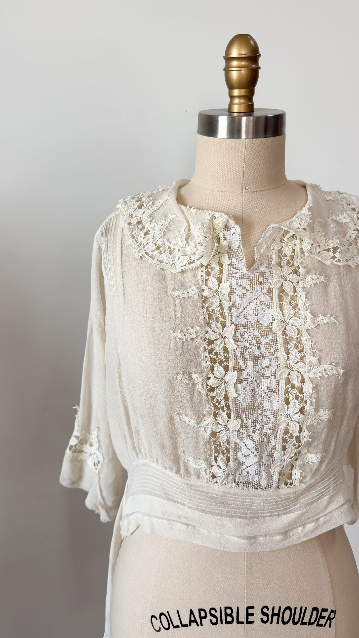 Antique Edwardian Silk Lingerie Blouse with Irish Crochet Lace c. 1905–1915