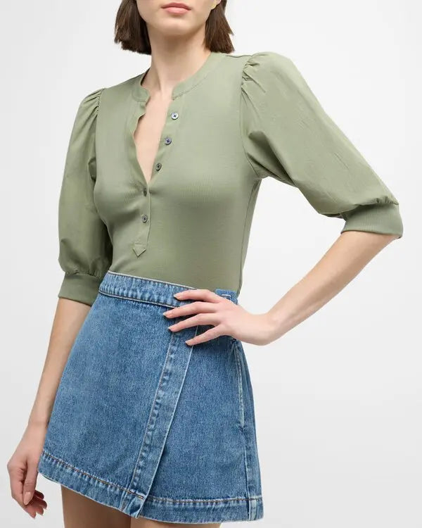 Veronica Beard Coralee Puff Sleeve Top in Dusty Sage Green (XL)