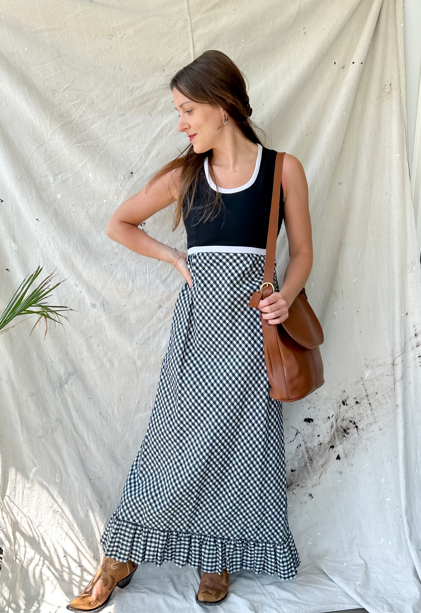 Vintage 70s Black & Dark Blue Gingham Maxi Dress (S)