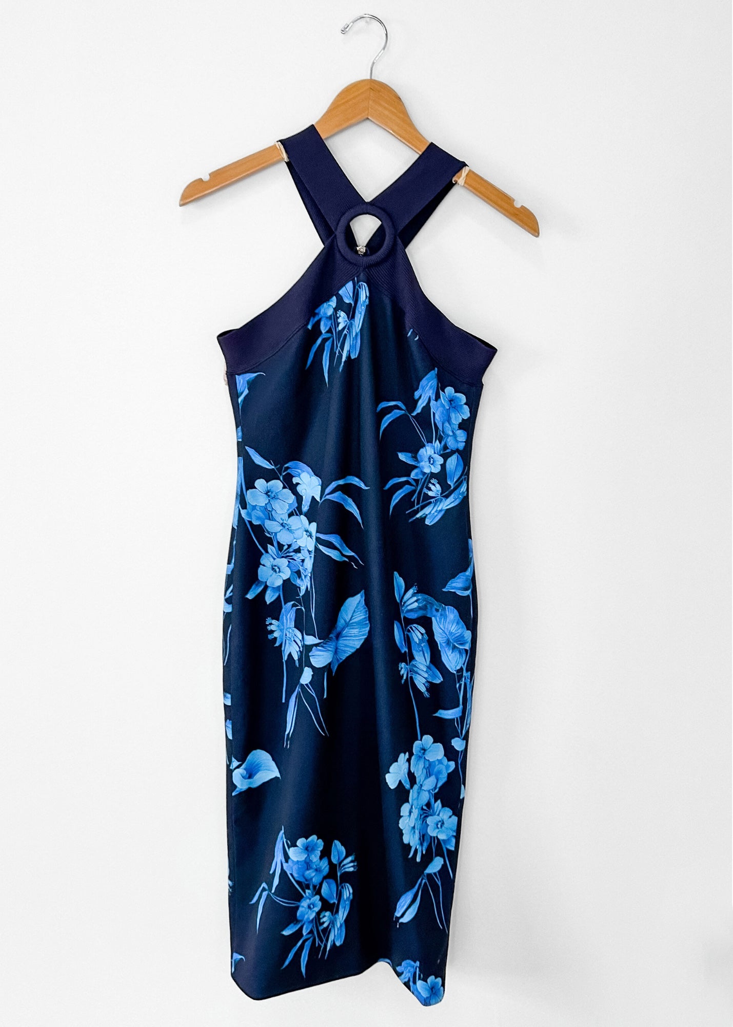 Ted Baker Navy Blue Fantasia Bodycon Halter Floral Dress (TB 2 or US 6 The Wandering Wardrobe Truck Ted Baker Navy Blue Fantasia Bodycon Halter Floral Dress (TB 2 or US 6 The Wandering Wardrobe Truck