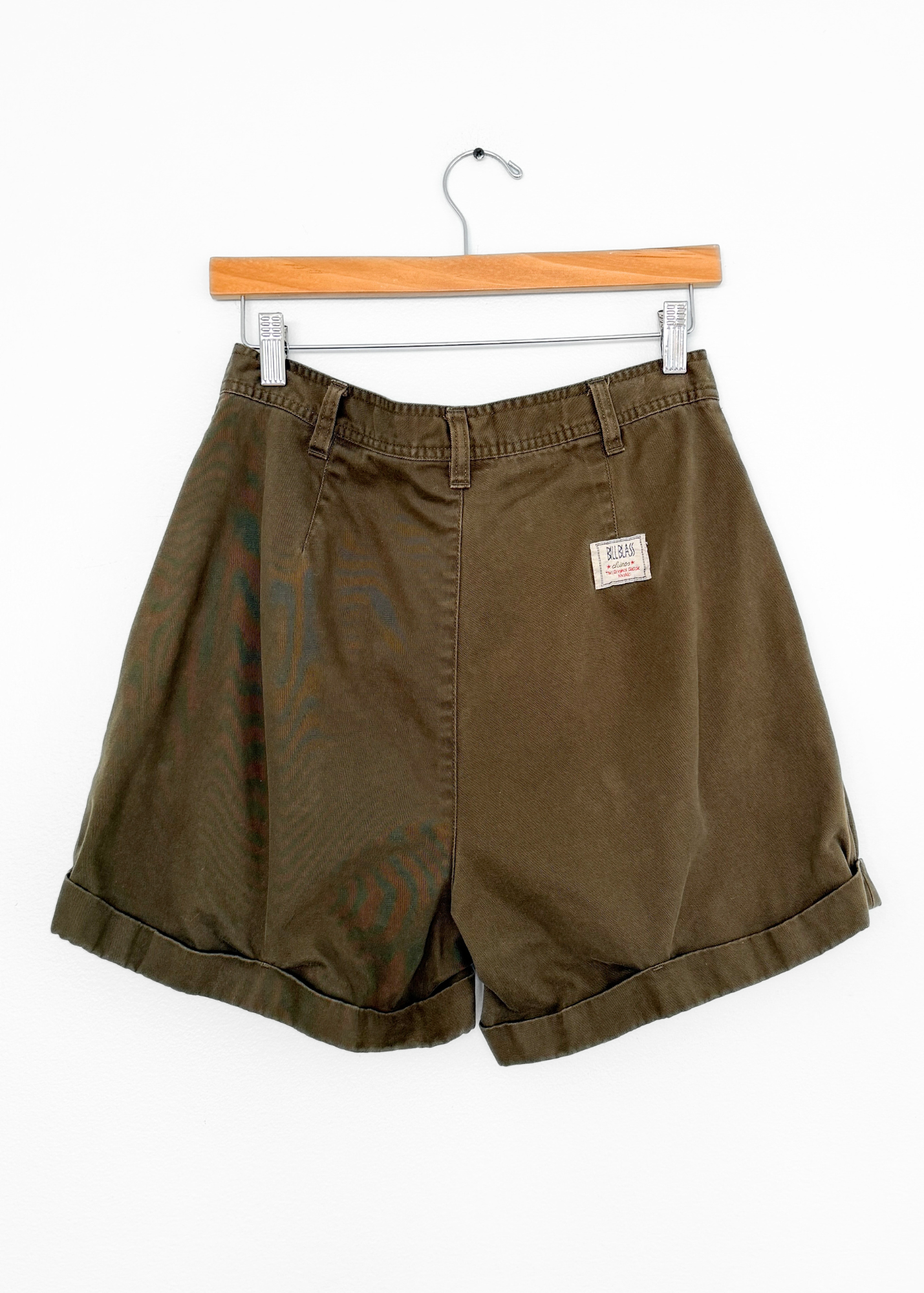 Vintage 90s Bill Blass Olive Green Khaki Cotton High Waist Rolled Cuff Shorts
