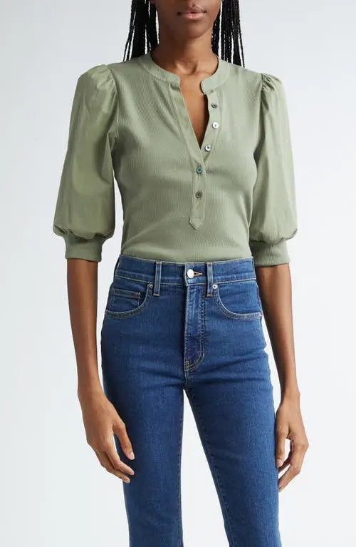 Veronica Beard Coralee Puff Sleeve Top in Dusty Sage Green (XL)