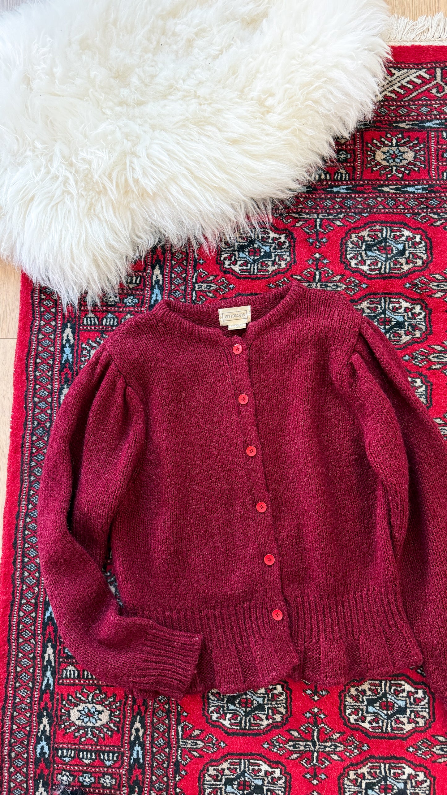 Vintage 80s Emotions Dark Red Acrylic Cardigan Sweater (M)