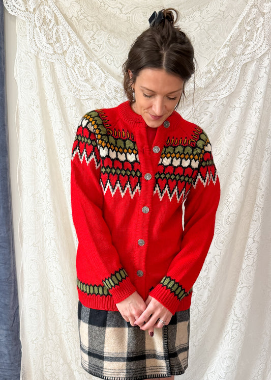Vintage Dale of Norway Red Nordic Fair Isle Wool Cardigan