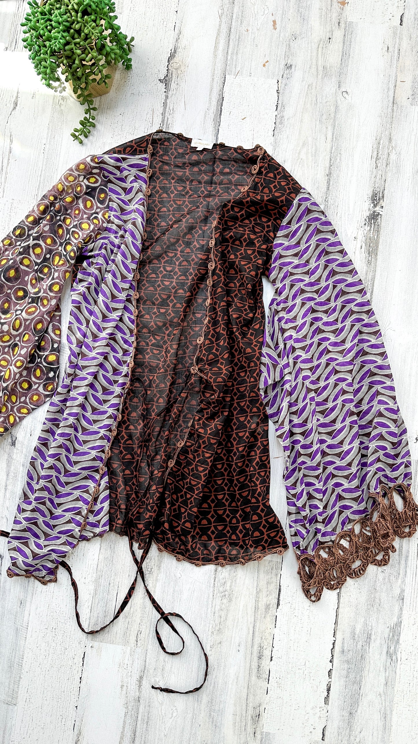 Emamó Purple & Brown Crochet Trim Tie Front Cover-Up Top (S)