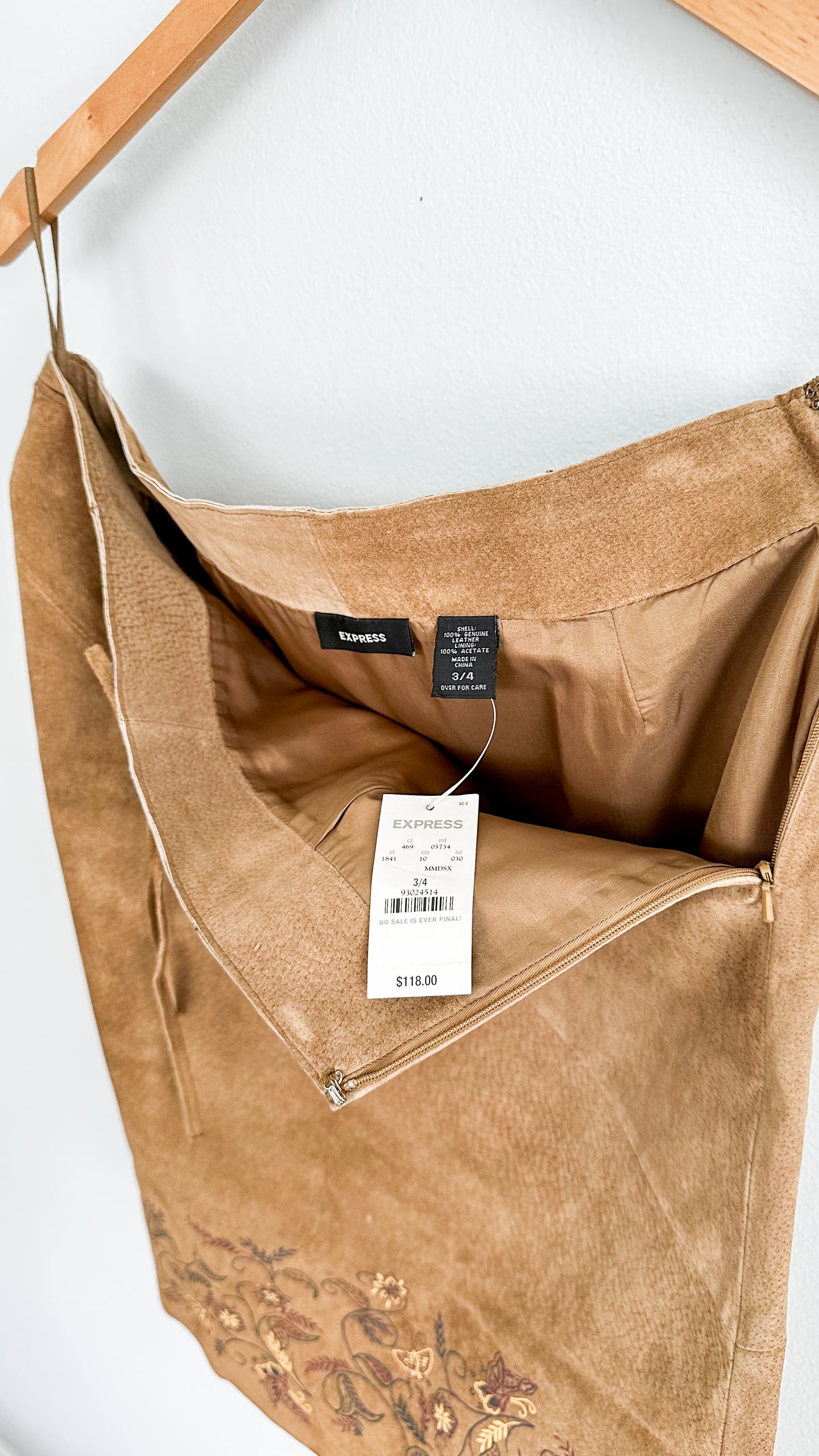 NEW Vintage 00s Express Brown Butterfly Embossed Suede Leather Skirt (S/M)