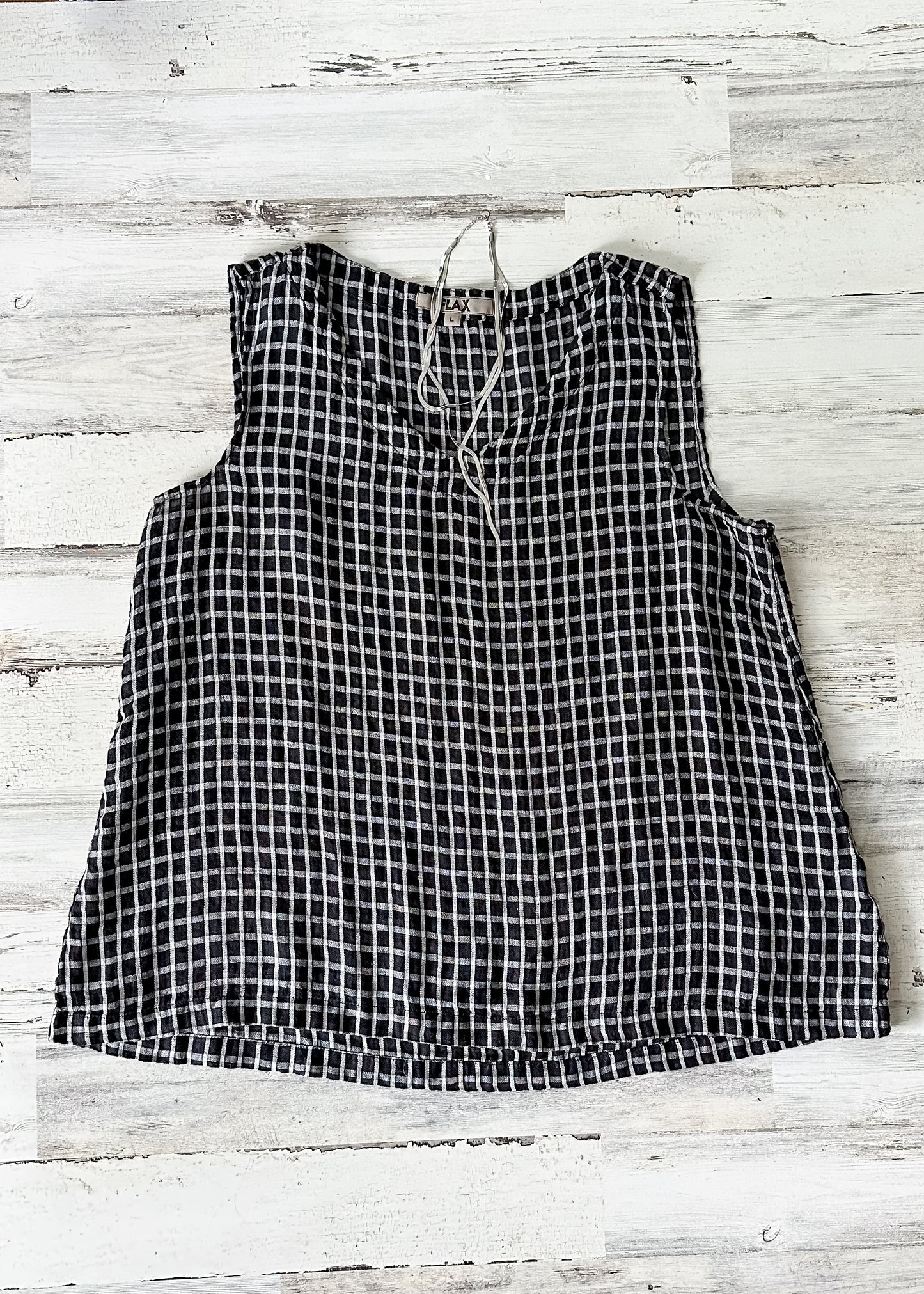 FLAX Black and White Check Linen Flowy V-Neck Sleeveless Top (L)
