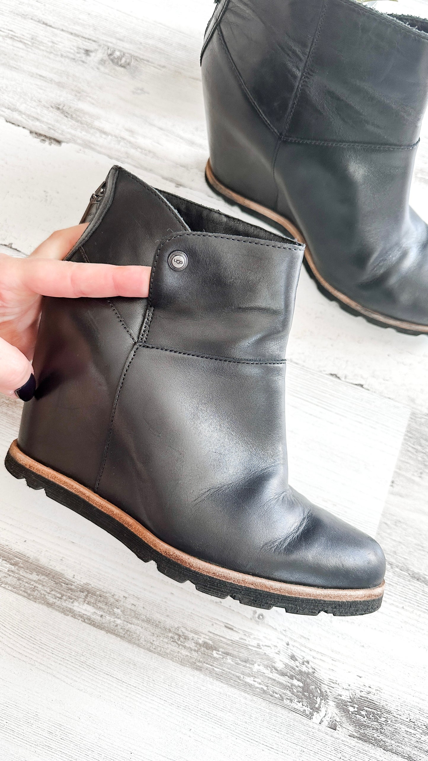 UGG Black Leather Amal Wedge Boots (7.5)