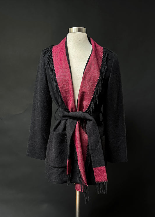 Black Fringe Trim Tie Belt Camel Hair Cardigan Sweater (S)