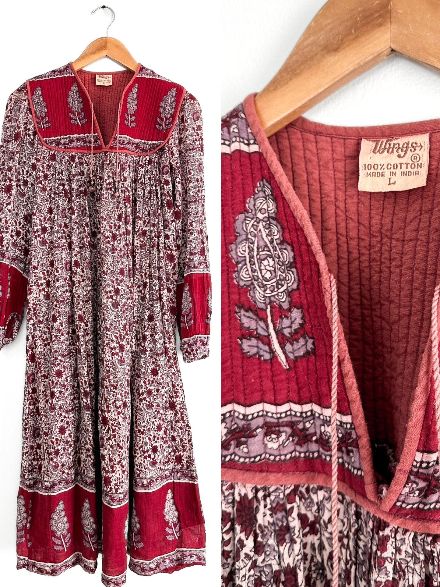 Vintage Red India Cotton Gauze Peasant Midi Dress (M)
