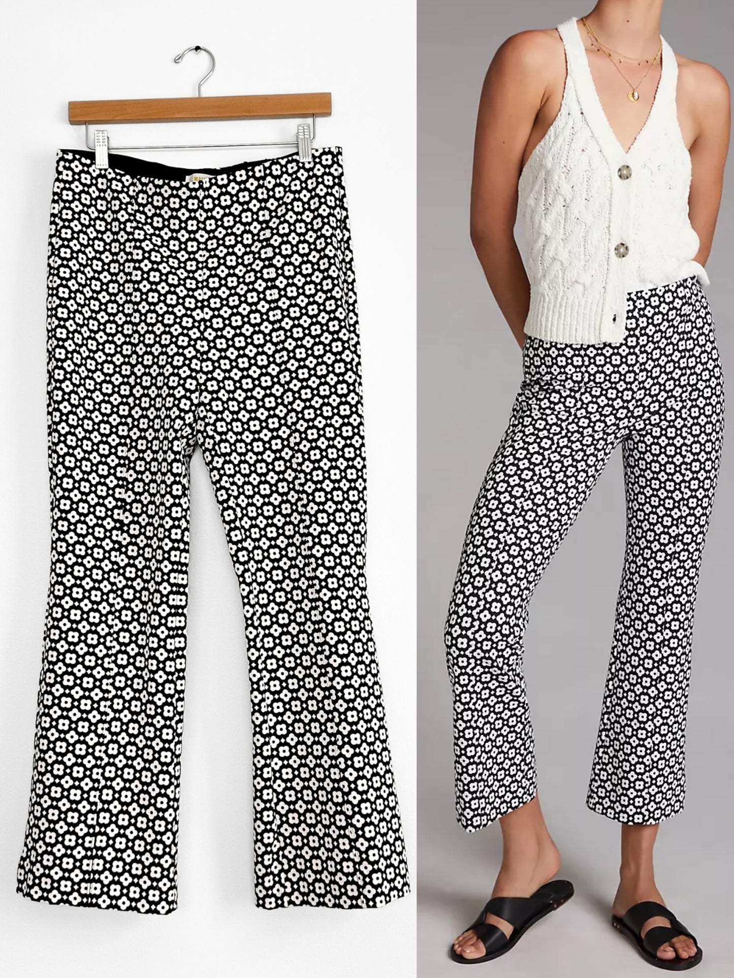 Anthropologie Maeve Black White Daisy Flower Kick Flare Pants (M)