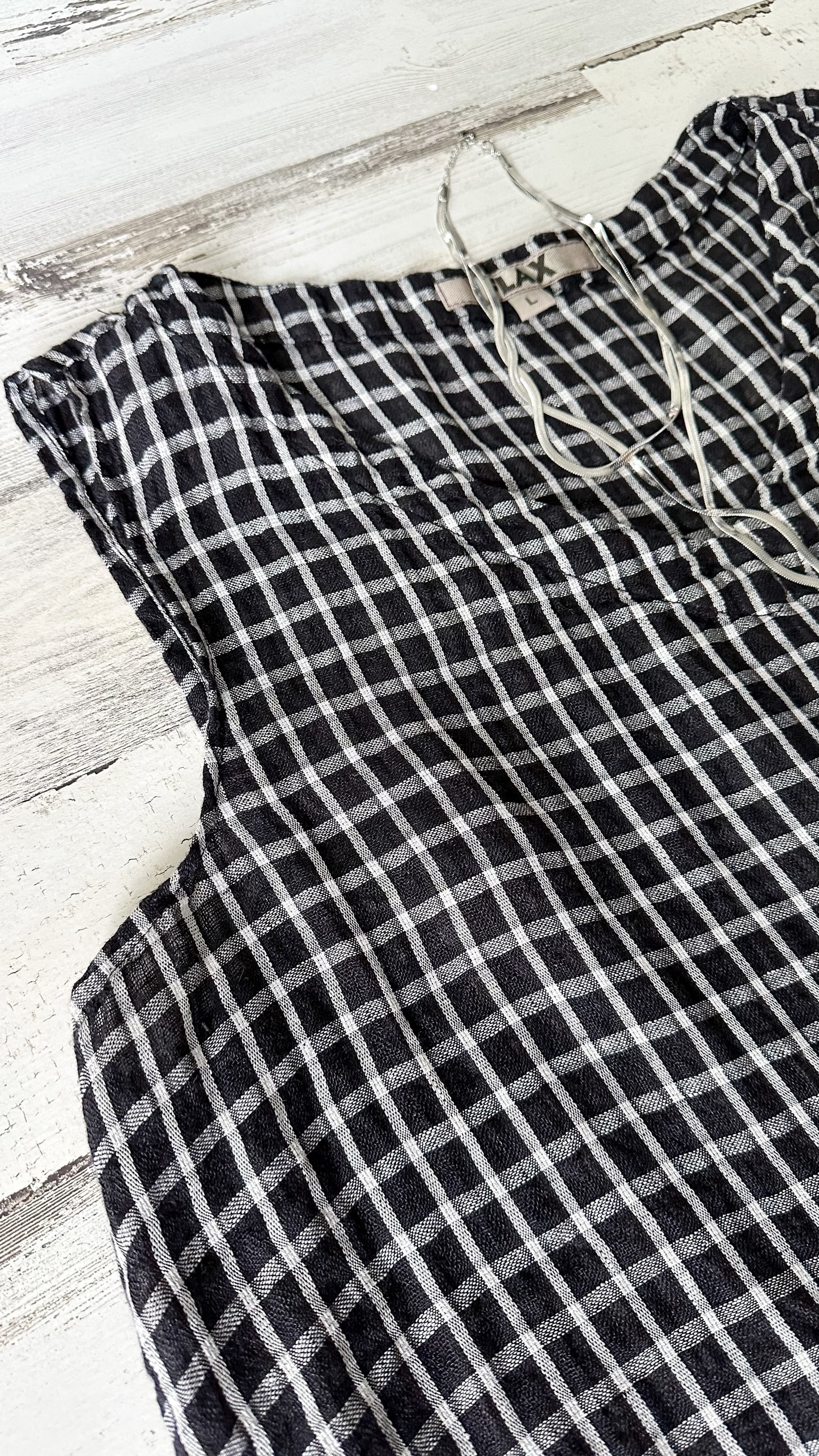 FLAX Black and White Check Linen Flowy V-Neck Sleeveless Top (L)