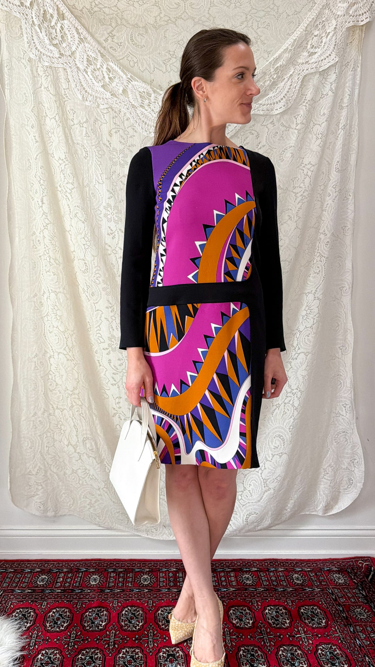 Emilio Pucci Magenta Black Purple Signature Print Silk Lined Dress (US 6)