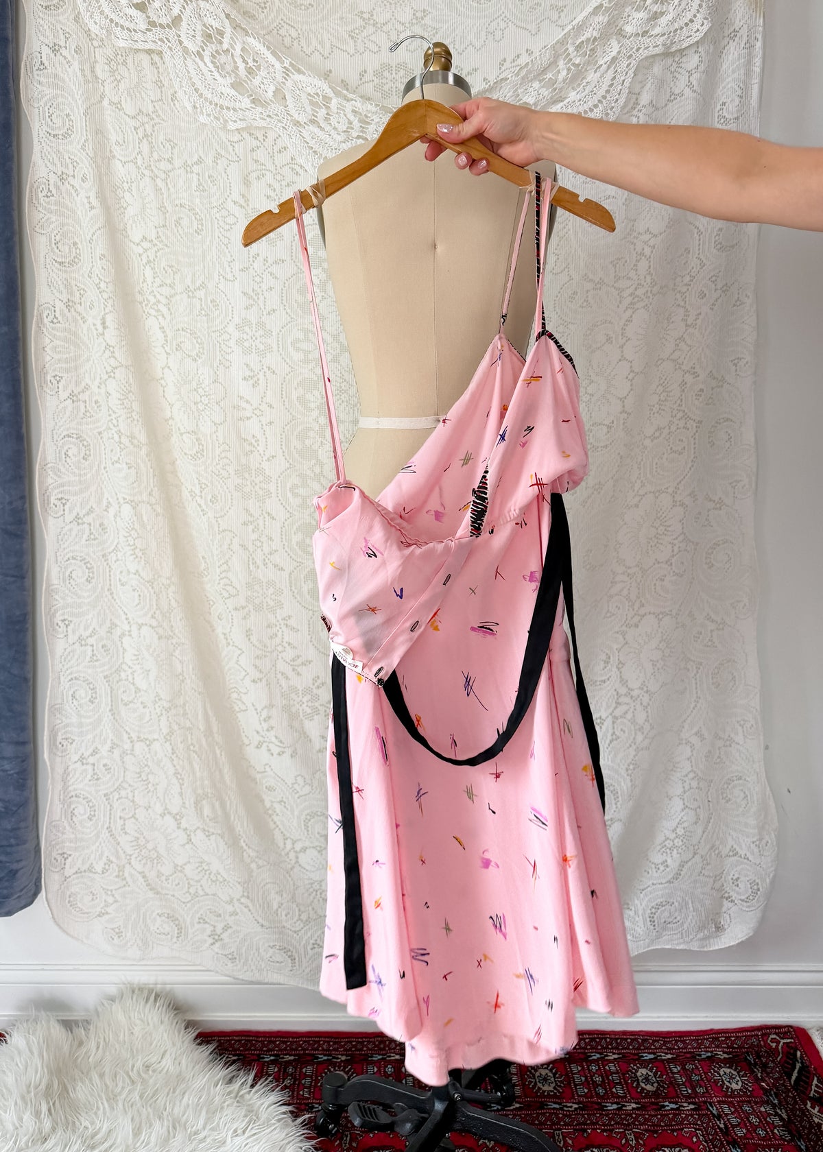 Vintage 1980s Jack Mulqueen Pink Silk Abstract Print Dress (6)