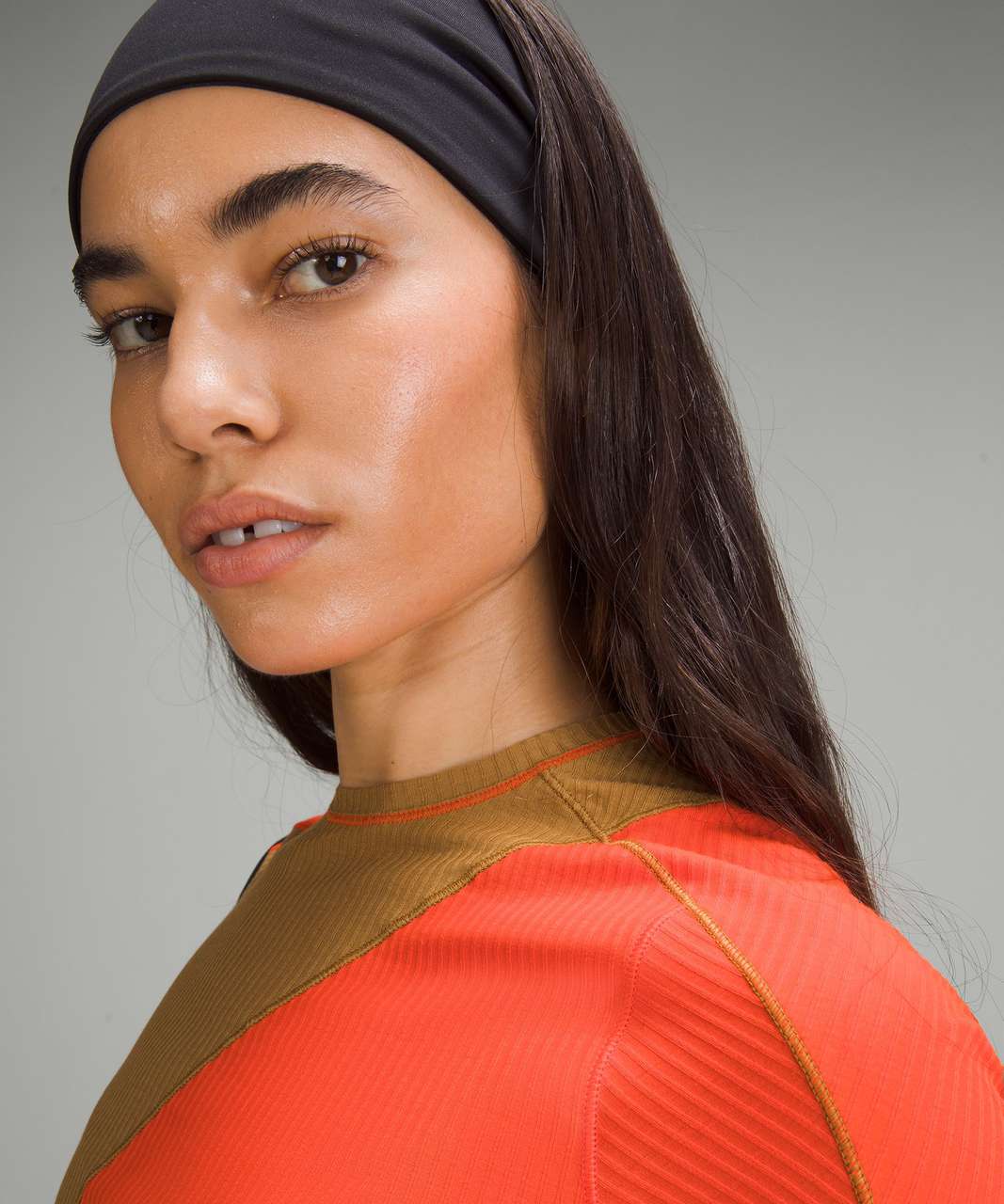Lululemon Asymmetrical Ribbed Cotton T-Shirt in Solar Orange and Beige (XL)