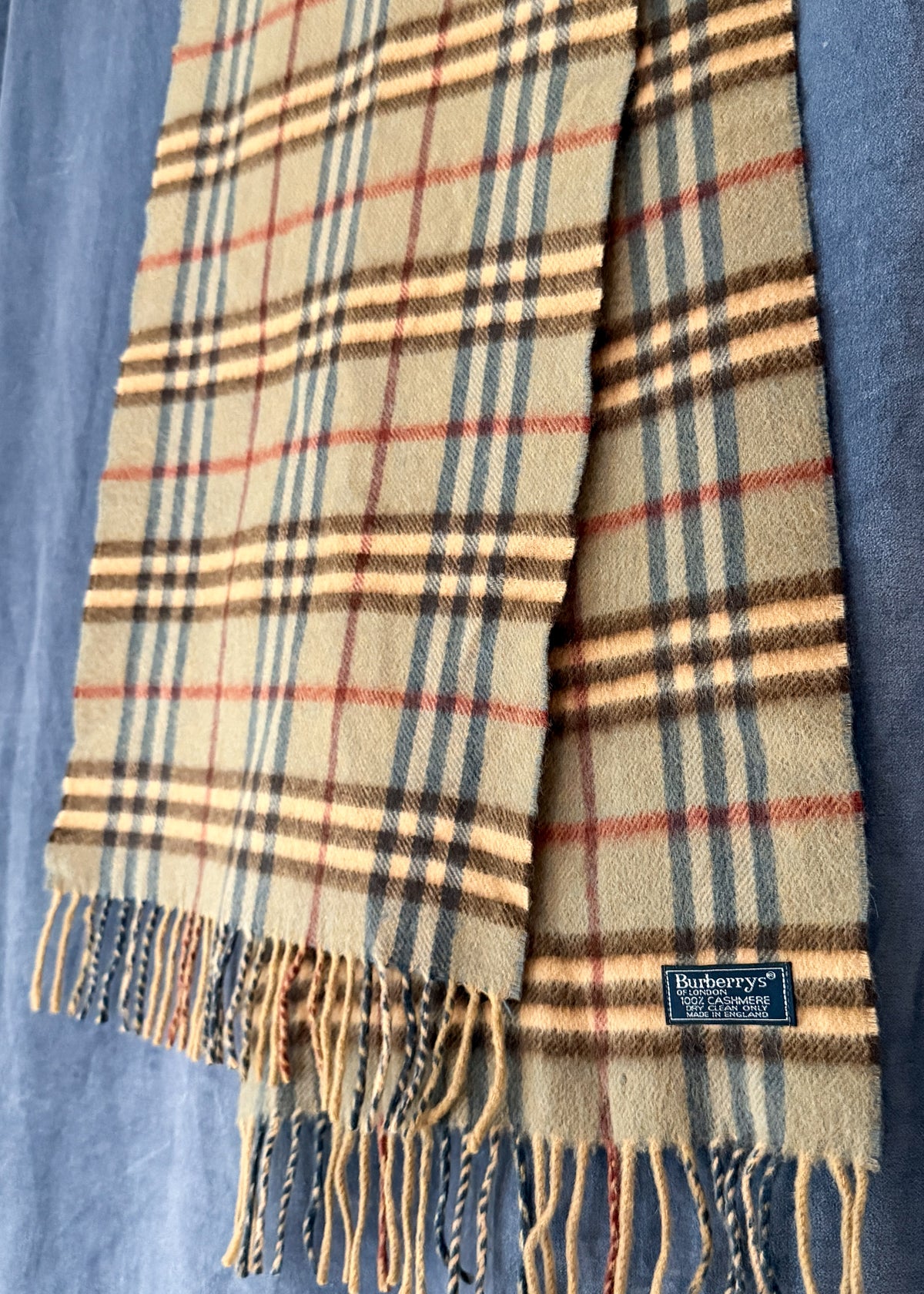 Vintage 90s Burberrys of London 100% Cashmere Olive Blue Nova Check Scarf