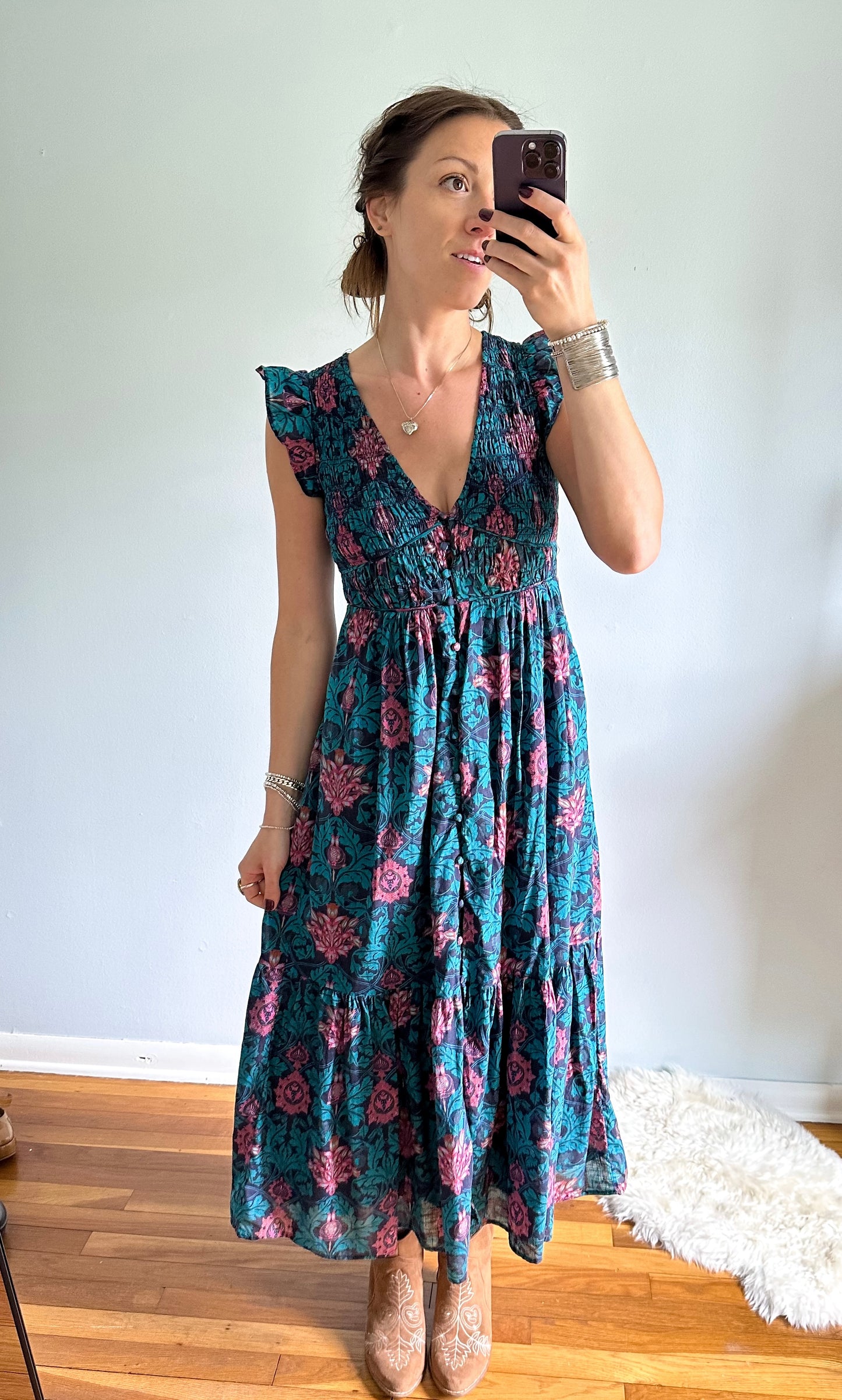 Anthropologie Peregrine Dress in Turquoise, Pink and Navy Blue Print (4 or S)