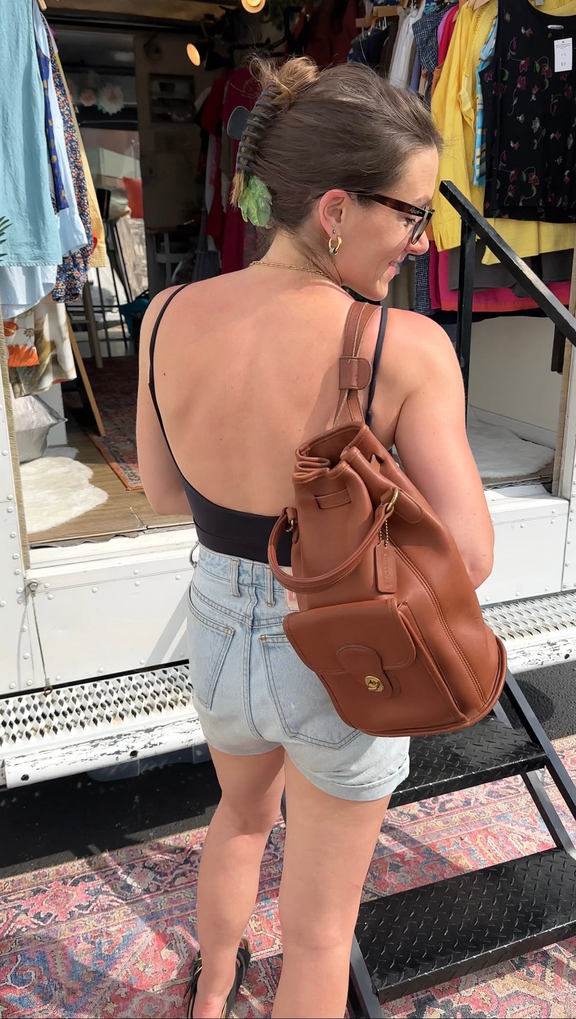 Vintage 90s Coach Top Handle Sling Backpack British Tan Leather Bucket Bag # 9992