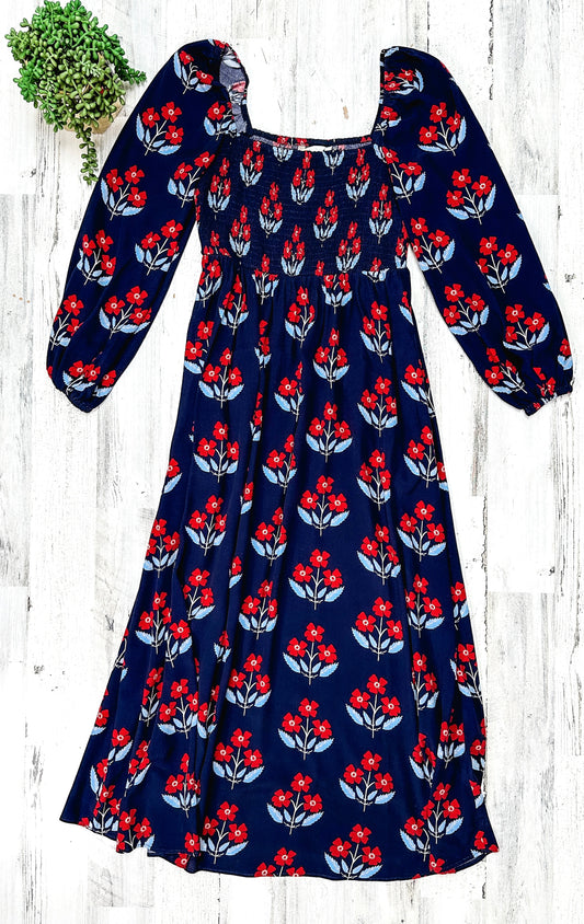 Boden Navy & Red Floral Square Neck Smocked Maxi Dress (6P)