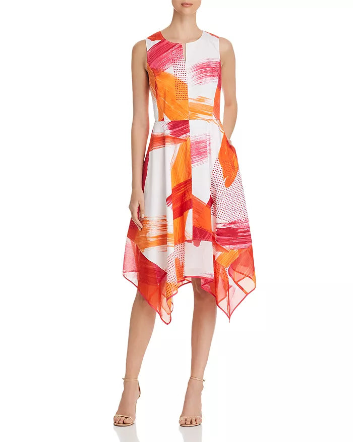 Donna Karan Pink and Orange Abstract Handkerchief Hem Zip Front Dress (4)