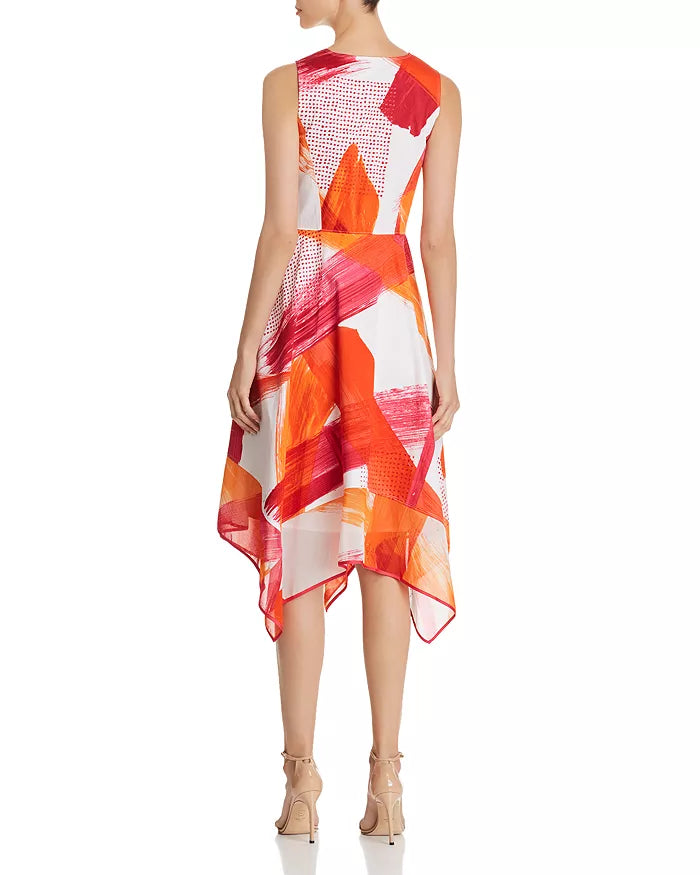 Donna Karan Pink and Orange Abstract Handkerchief Hem Zip Front Dress (4)