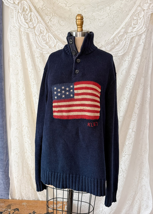 Vintage 00s Polo Ralph Lauren Navy RL67 American Flag Cotton Linen Mock Neck Button Sweater