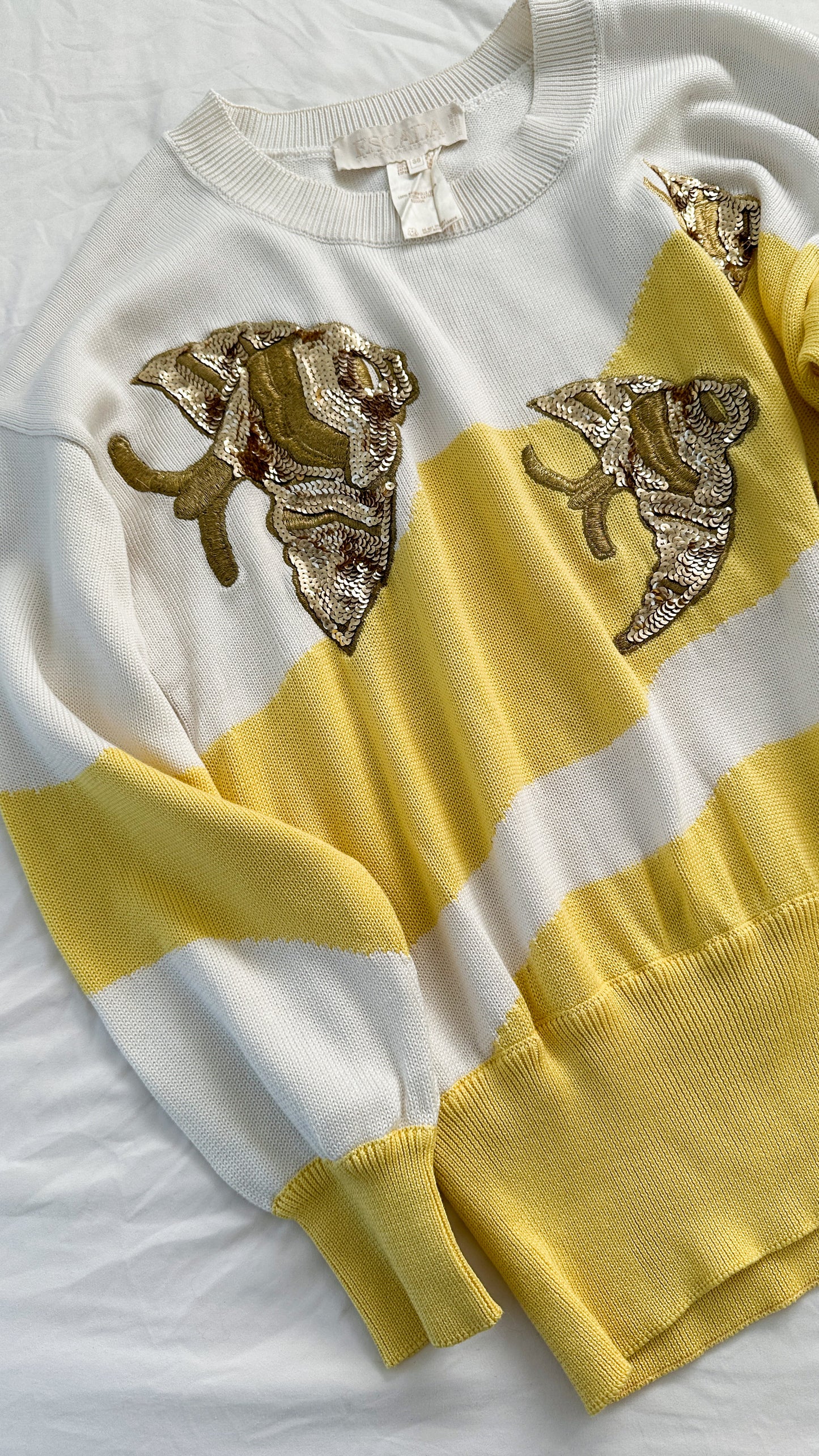 Vintage 80s Escada Yellow and White Gold Fish Sequin Novelty Knit Top (S/M)