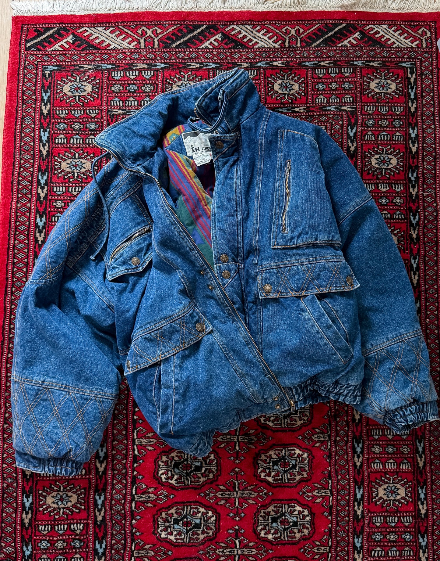 Vintage 90s In Crowd Denim Ski Jacket Southwestern Lined Oversized Coat