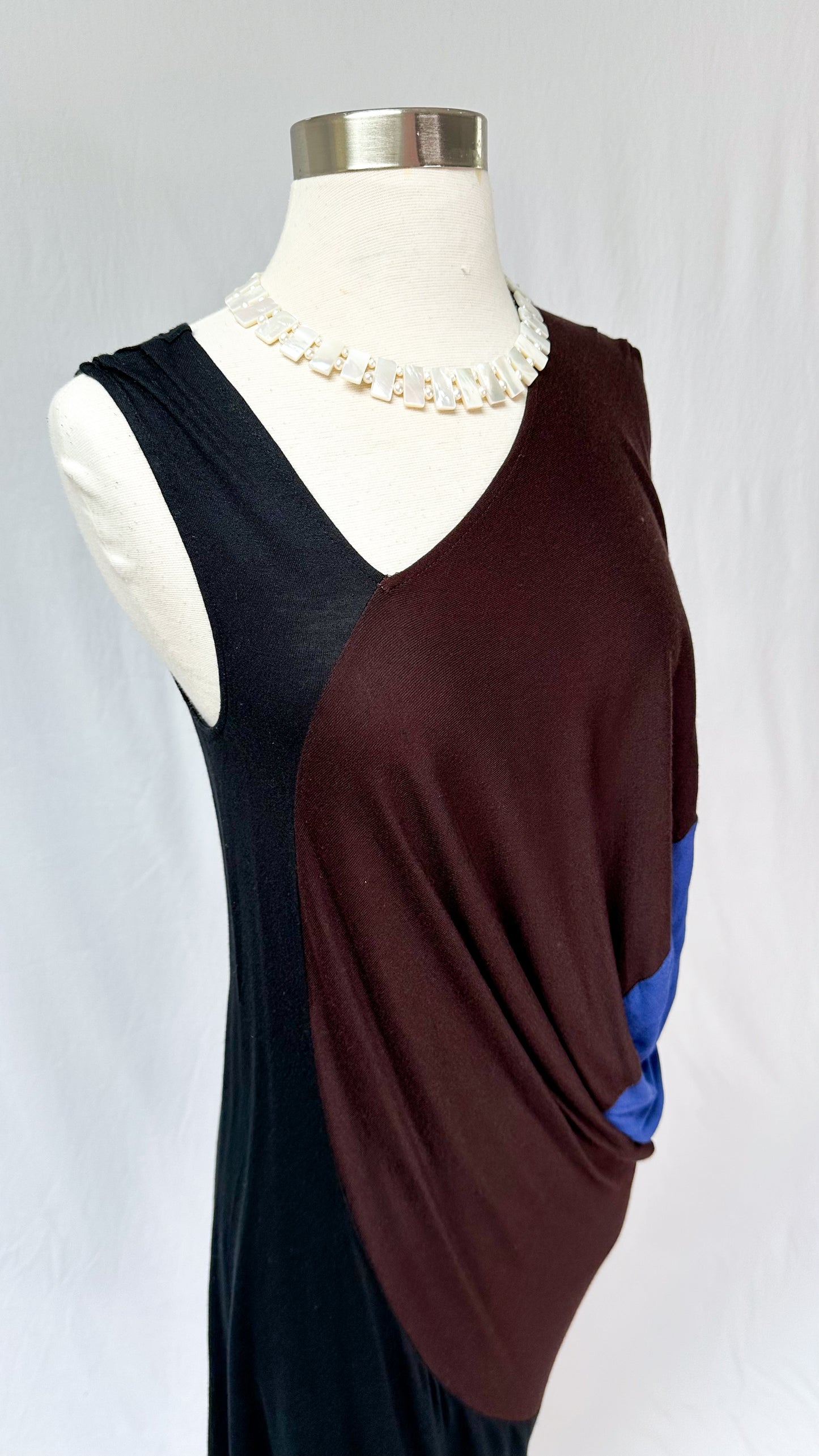Zero + Maria Cornejo Black Brown Blue Colorblock Angular Draped Dress (XS)