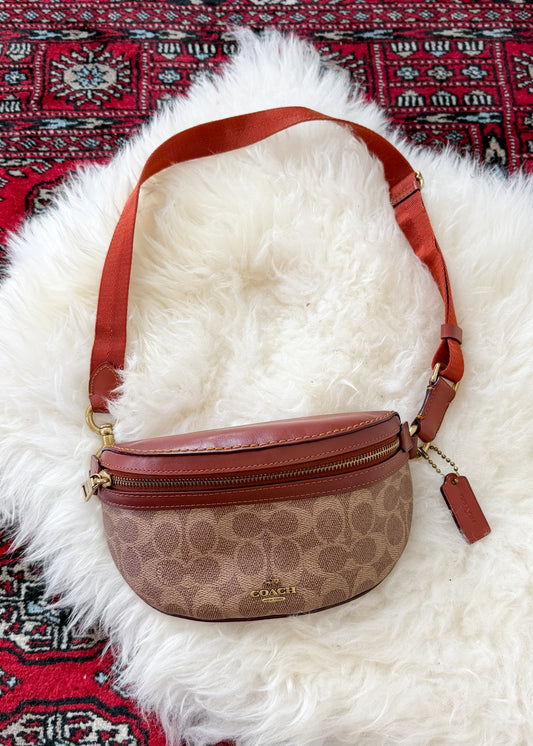 NEW Coach Bethany Belt Bag in Signature Canvas Brown Leather
