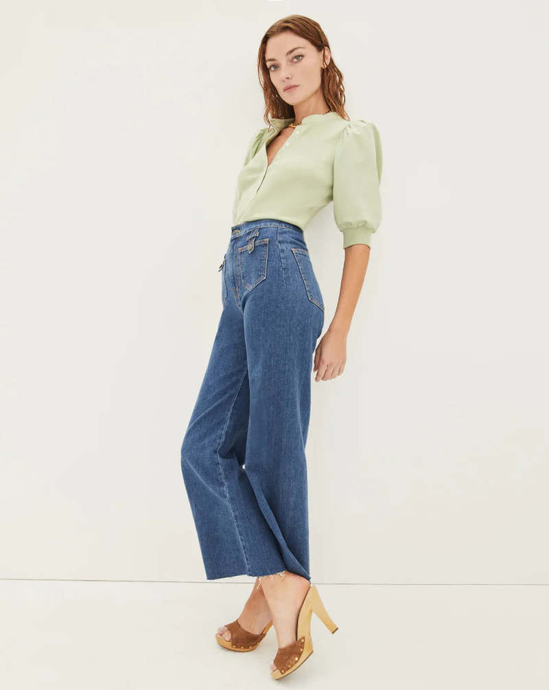 Veronica Beard Coralee Puff Sleeve Top in Dusty Sage Green (XL)