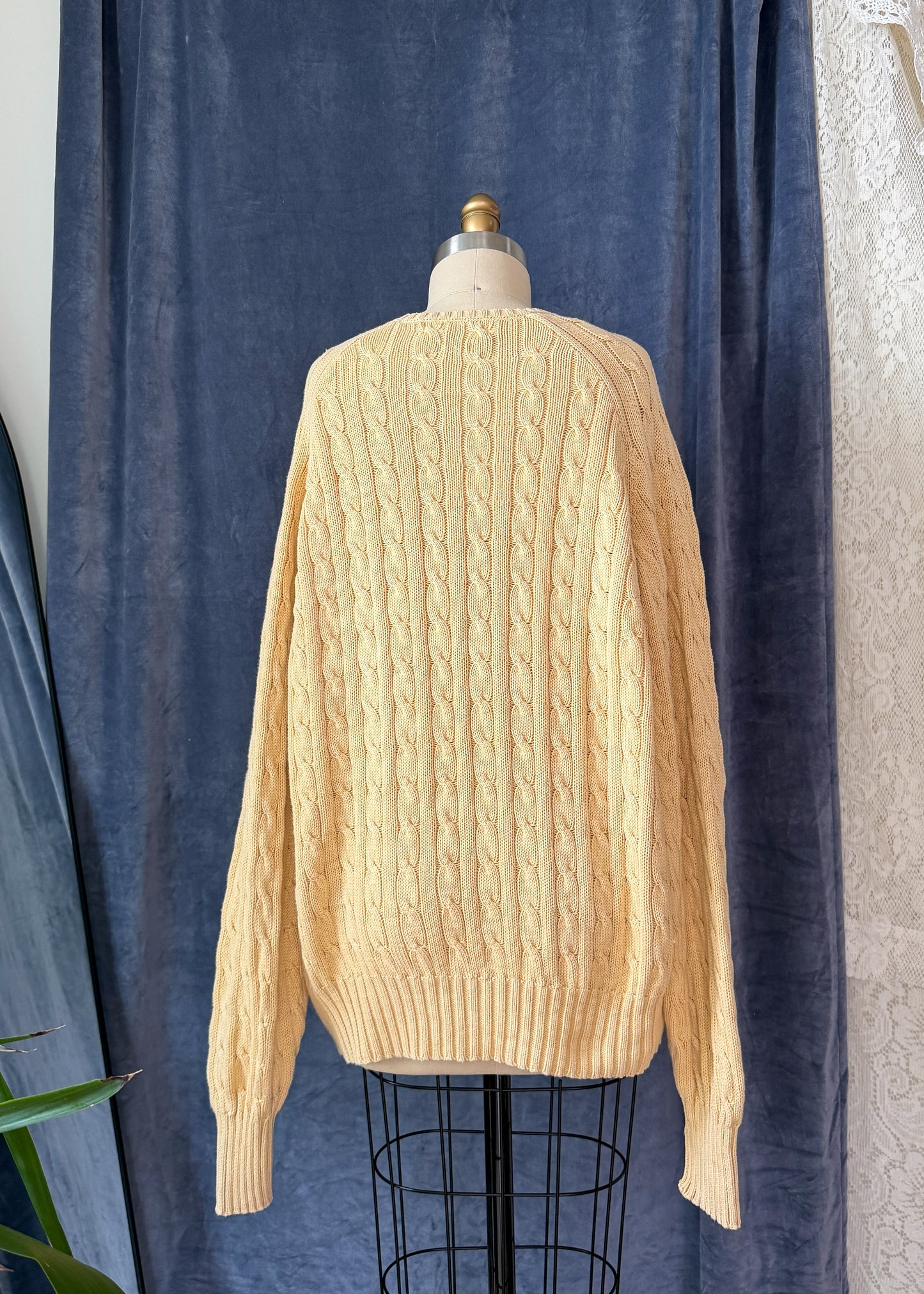 Vintage 90s Polo Ralph Lauren Cream Cable Knit Cotton V-Neck Crest Sweater