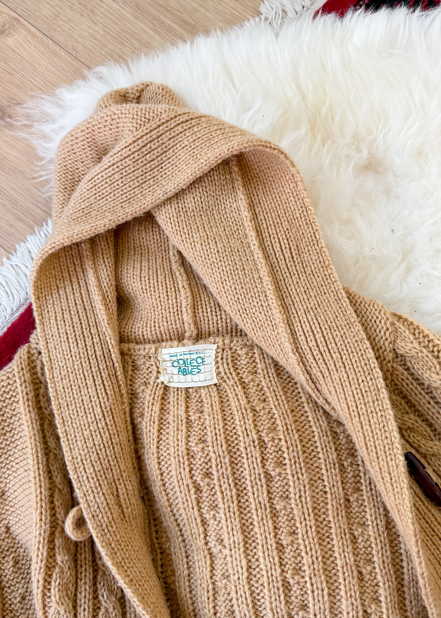 Vintage 70s Collectables Camel Brown Wooden Button Long Hooded Cardigan