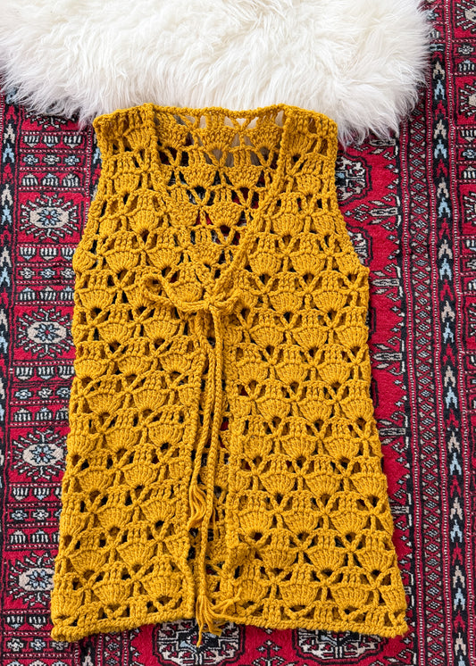 Vintage Golden Yellow Hand Crochet Tie Front Vest Top (one size)