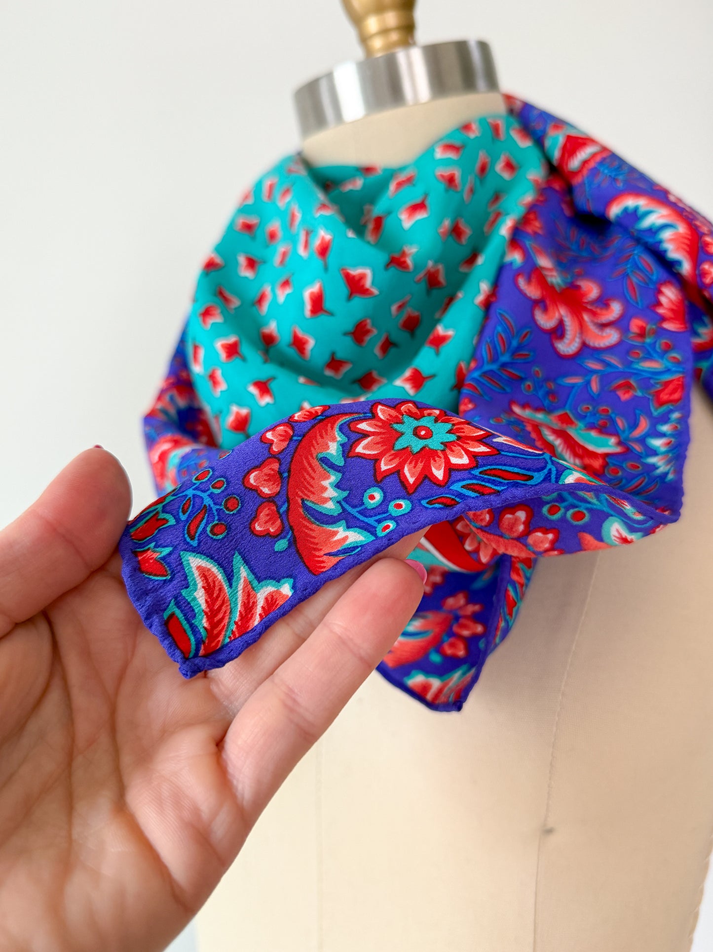 Vintage 80s Yves Saint Laurent Turquoise and Purple Floral Silk Square Scarf 32x32