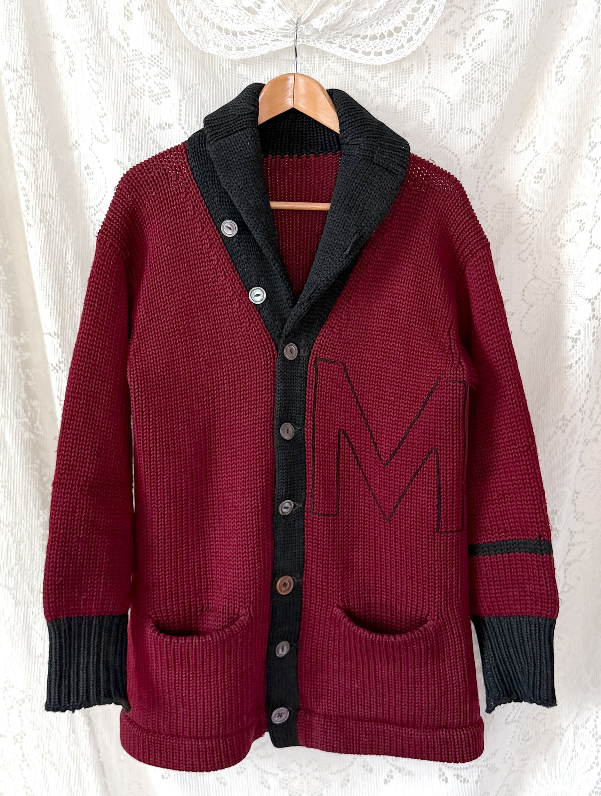 Vintage 30s / 40s Varsity Letterman Burgundy Black Wool Shawl Collar Cardigan Muskingum College University