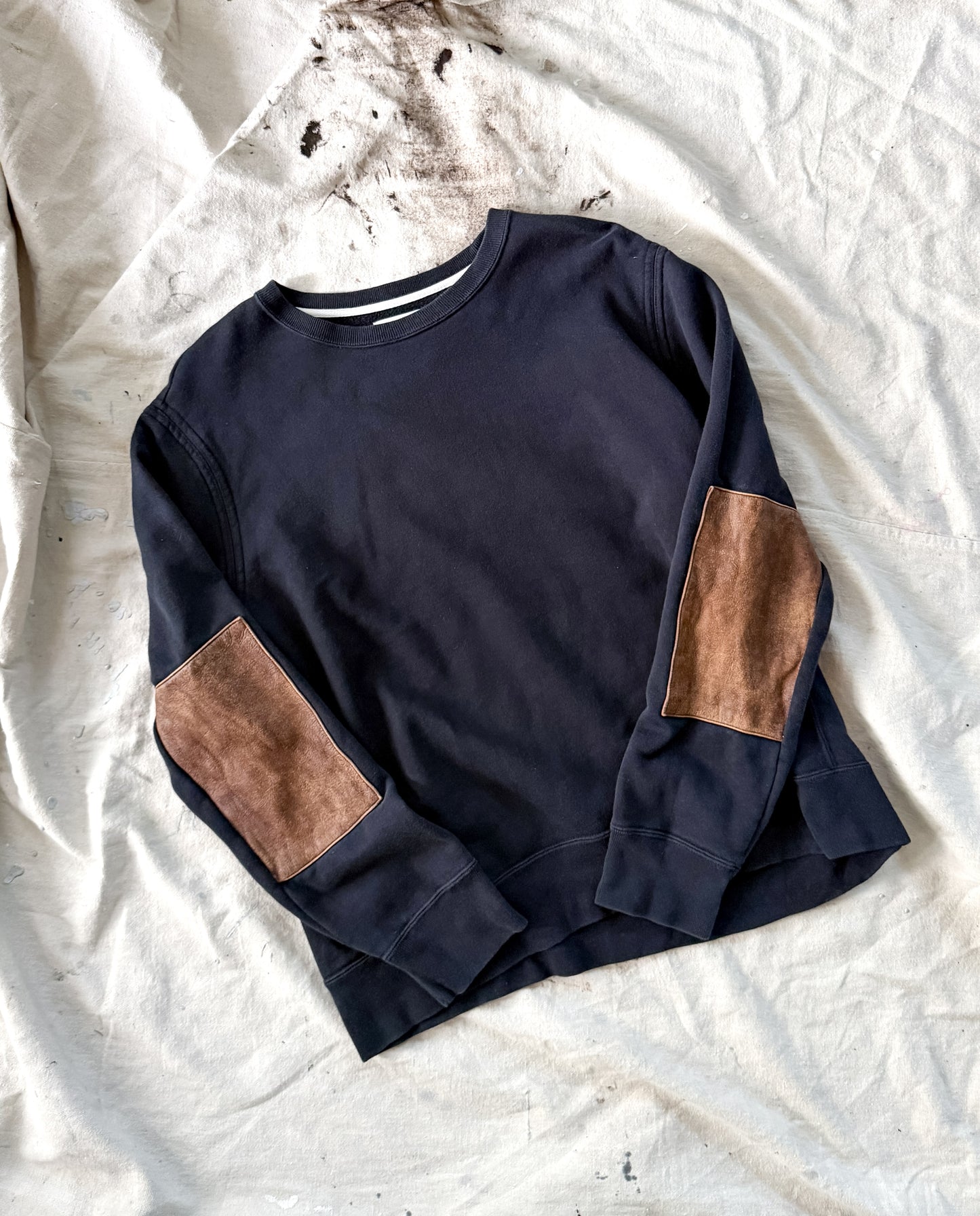 Billy Reid Dover Sweatshirt with Leather Elbow Patches in Dark Midnight (men's L)