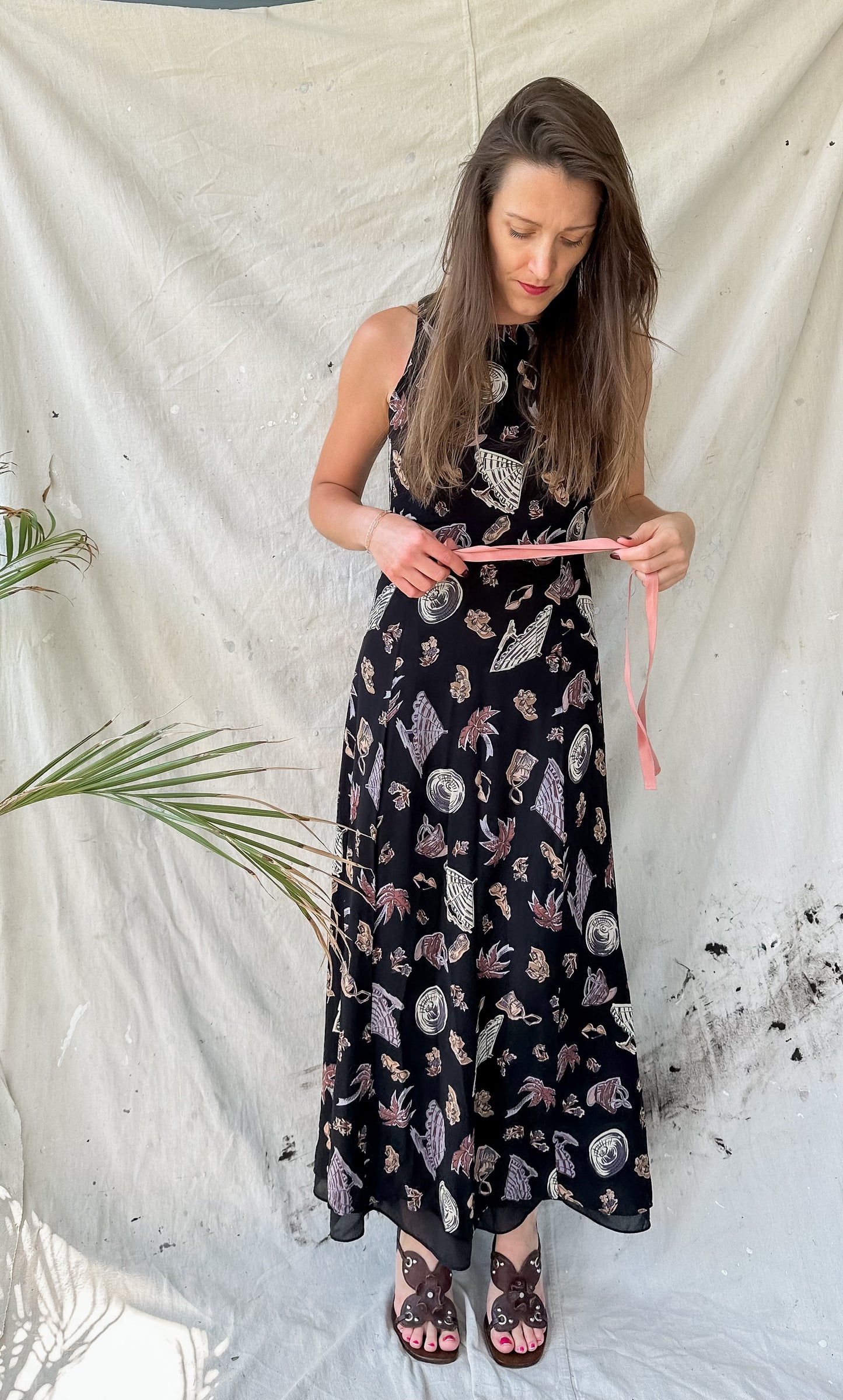 Vintage 90s Sea Side Print Black Maxi Dress (4/6)