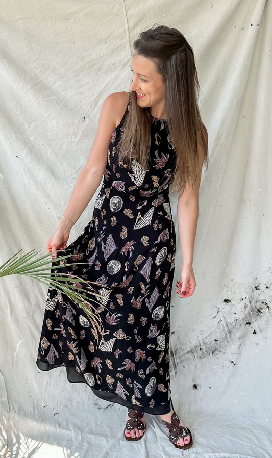 Vintage 90s Sea Side Print Black Maxi Dress (4/6)