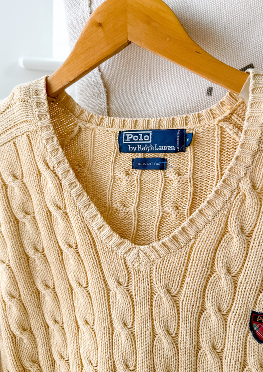 Vintage 90s Polo Ralph Lauren Cream Cable Knit Cotton V-Neck Crest Sweater