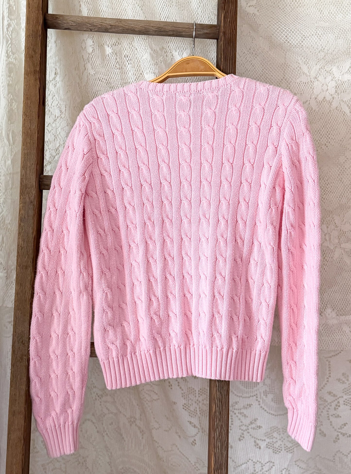 Ralph Lauren Pink Cotton Cable Knit Sweater with Blue Pony
