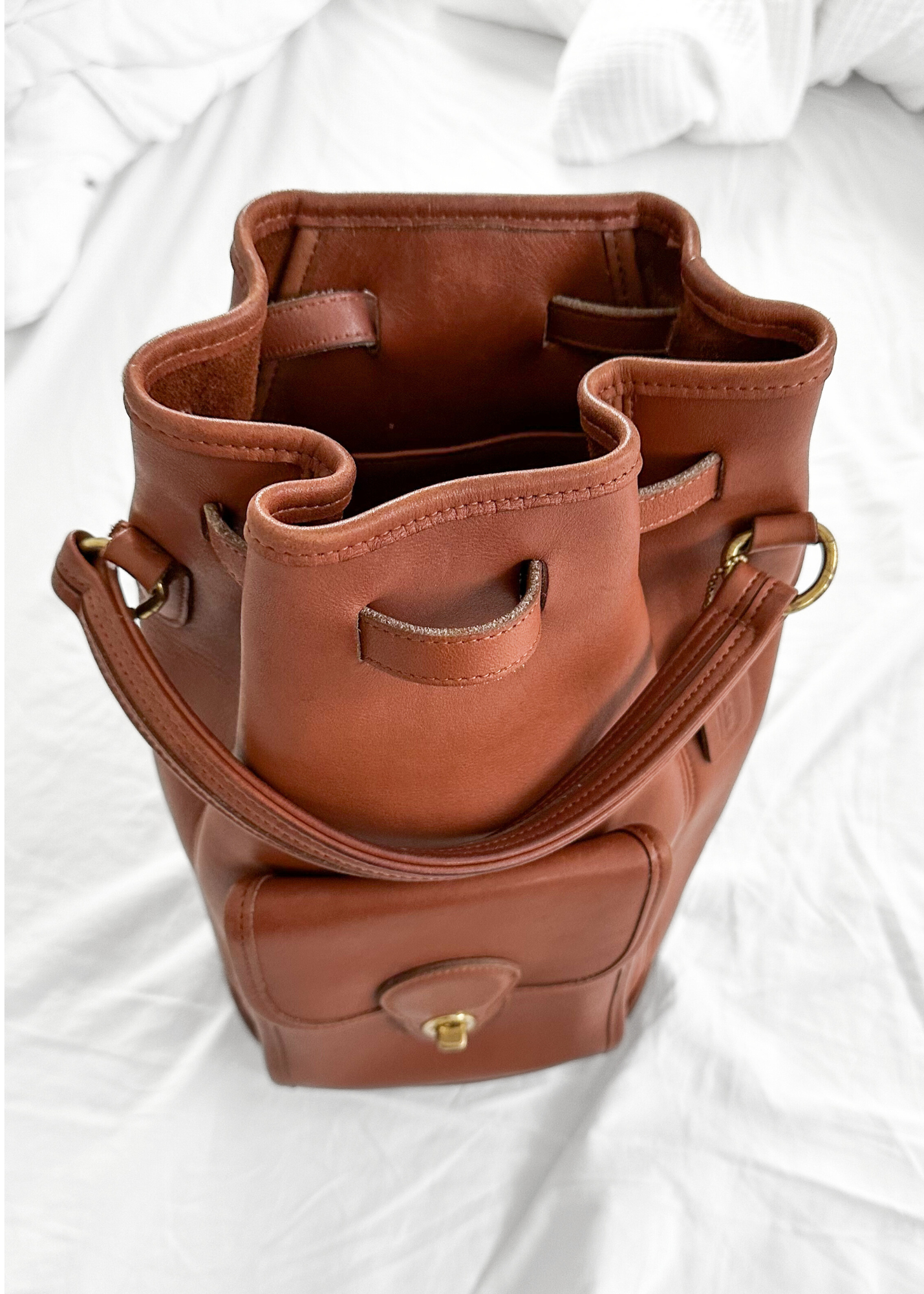Vintage 90s Coach Top Handle Sling Backpack British Tan Leather Bucket Bag # 9992