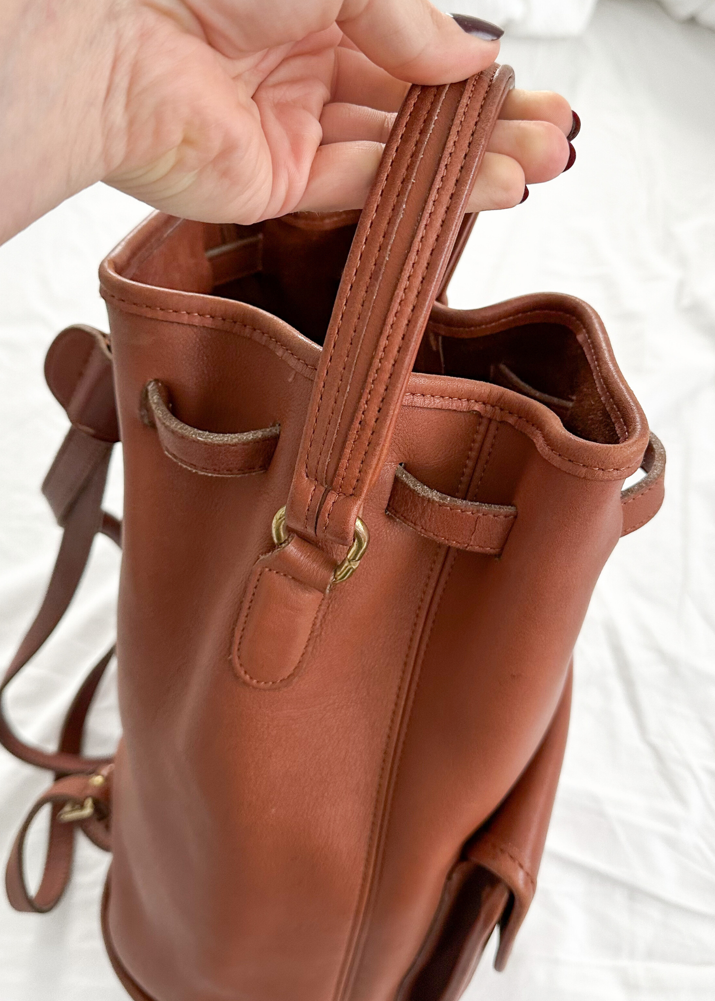 Vintage 90s Coach Top Handle Sling Backpack British Tan Leather Bucket Bag # 9992