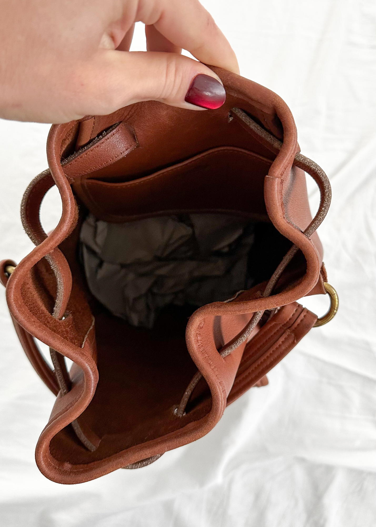 Vintage 90s Coach Top Handle Sling Backpack British Tan Leather Bucket Bag # 9992