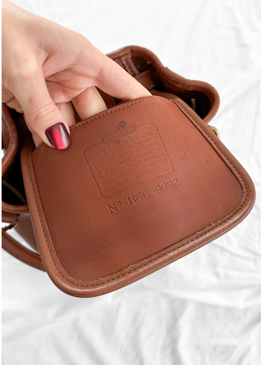 Vintage 90s Coach Top Handle Sling Backpack British Tan Leather Bucket Bag # 9992