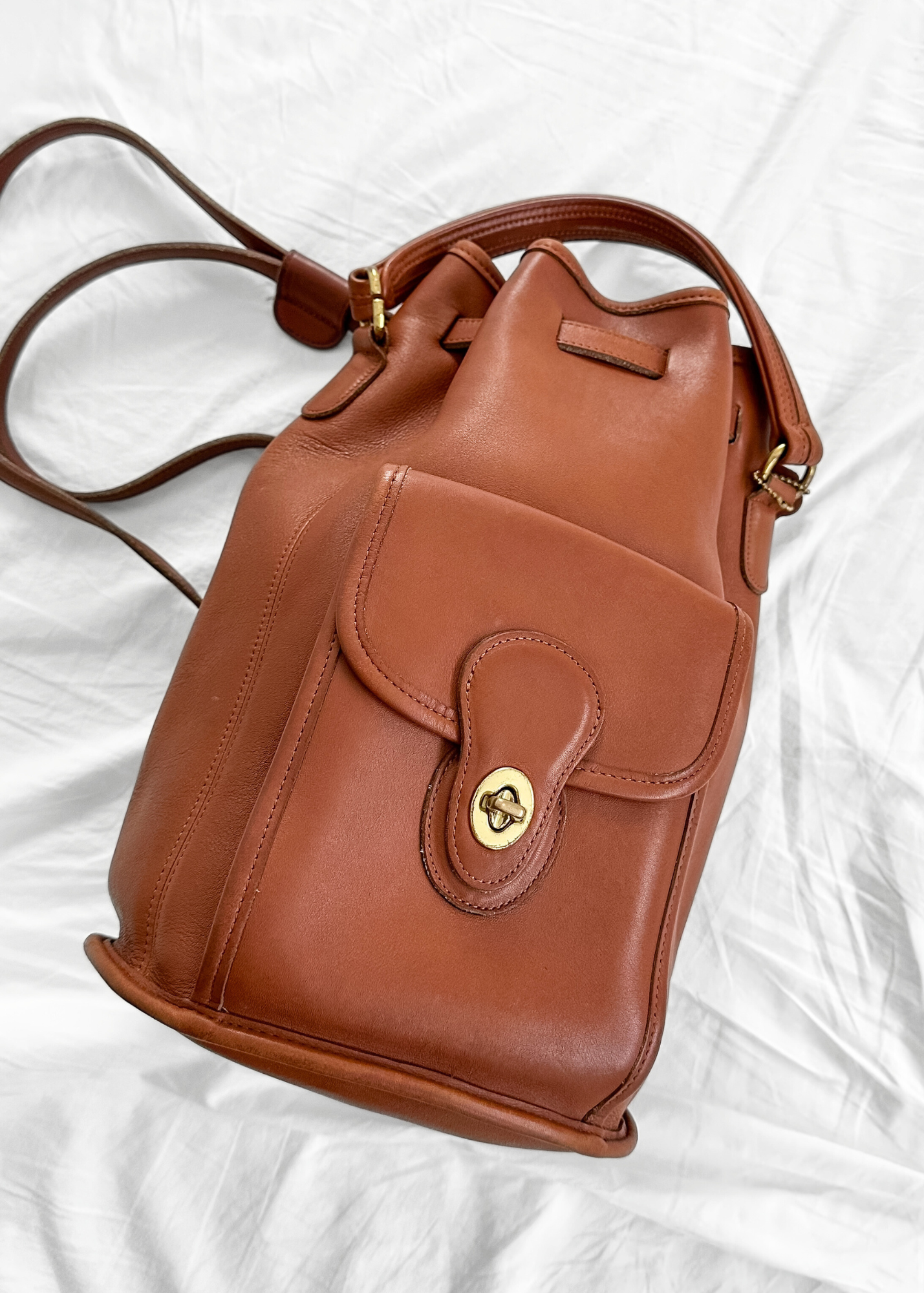 Vintage 90s Coach Top Handle Sling Backpack British Tan Leather Bucket Bag # 9992